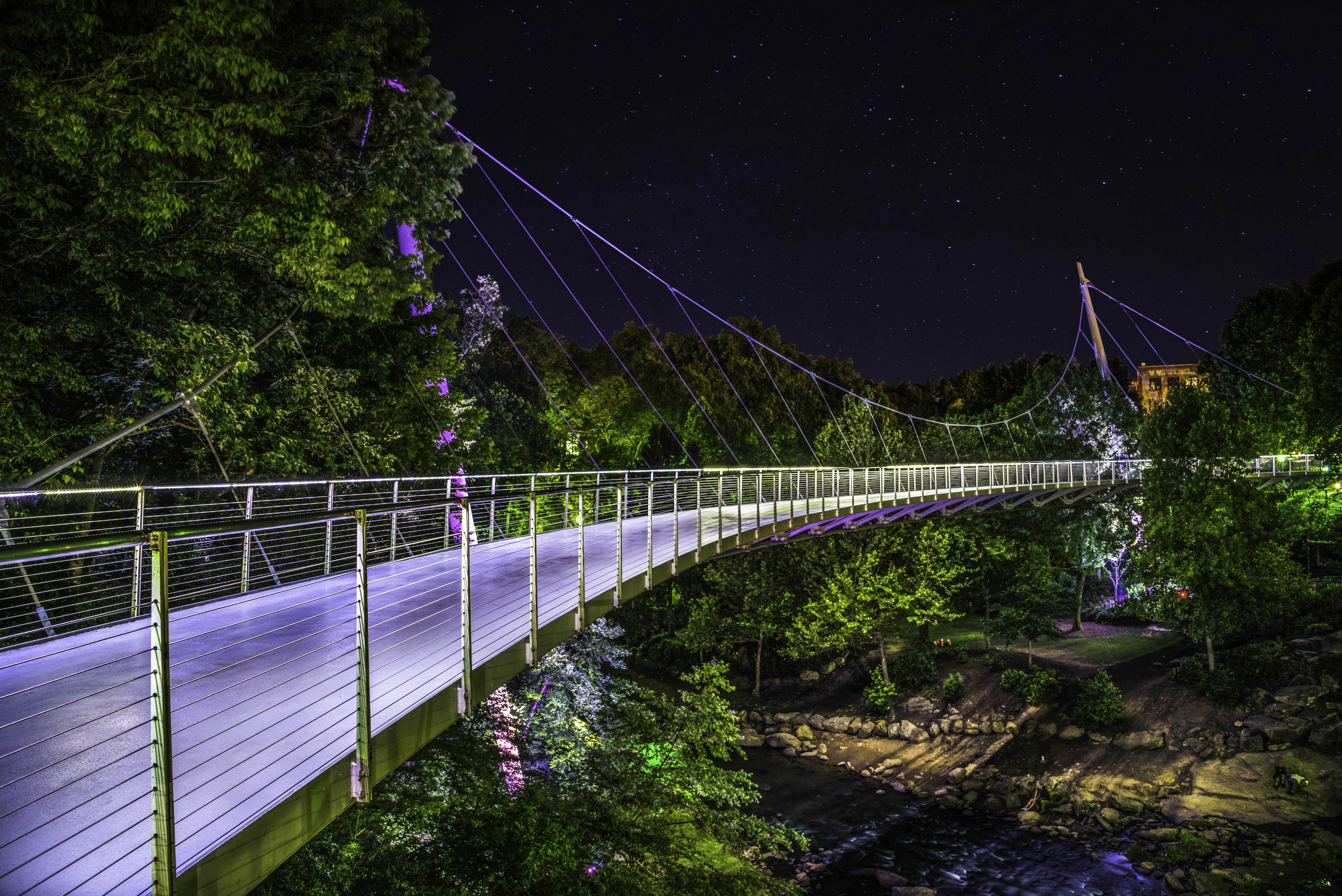 Illuminated Liberty Bridge in Falls Park downtown Greenville South Carolina on a starry night.
