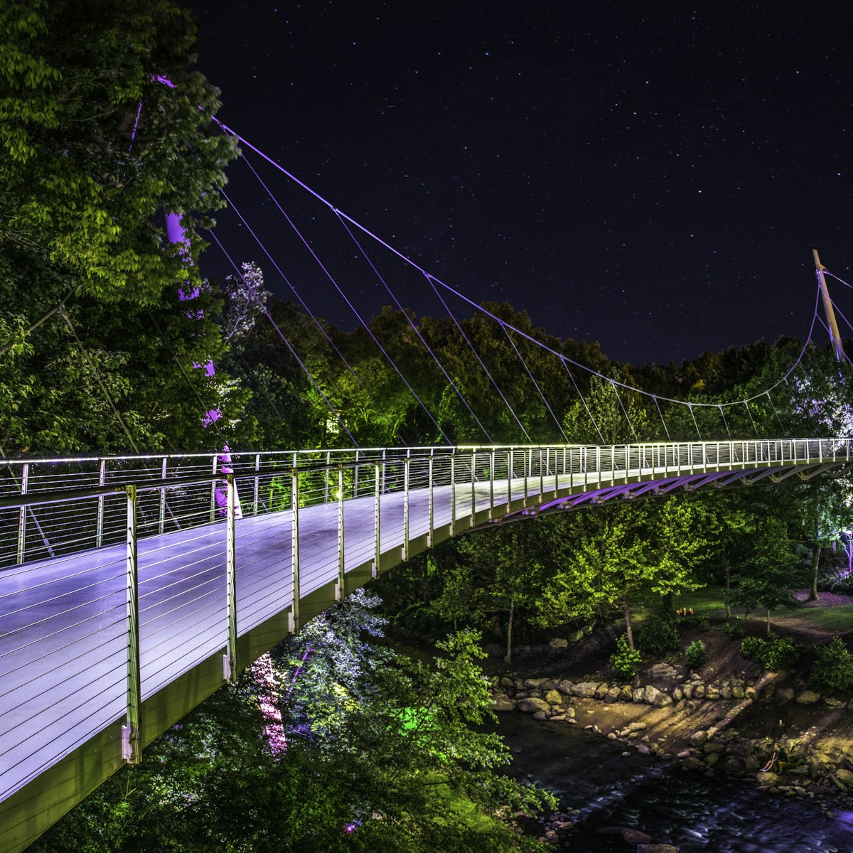 Illuminated Liberty Bridge in Falls Park downtown Greenville South Carolina on a starry night.