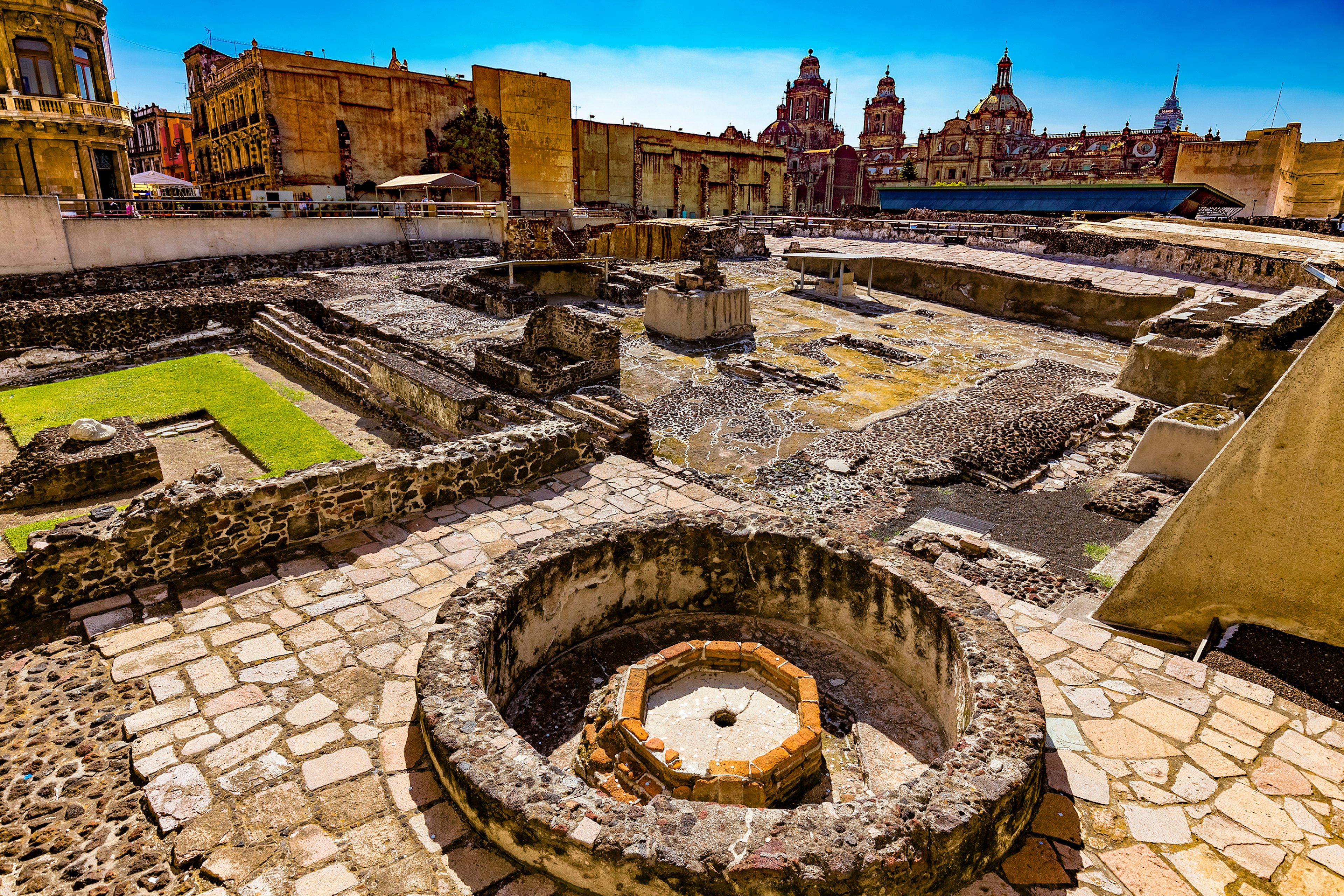 The excavated ruins of the Aztec Templo Mayor in the center of Mexico City, Mexico