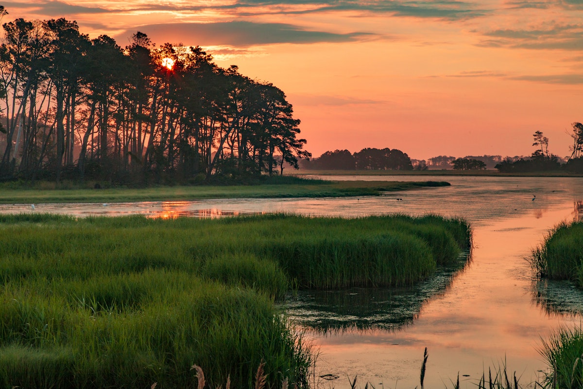 Sunset in the marshes of Chincoteague National Wildlife Refuge in Virginia.