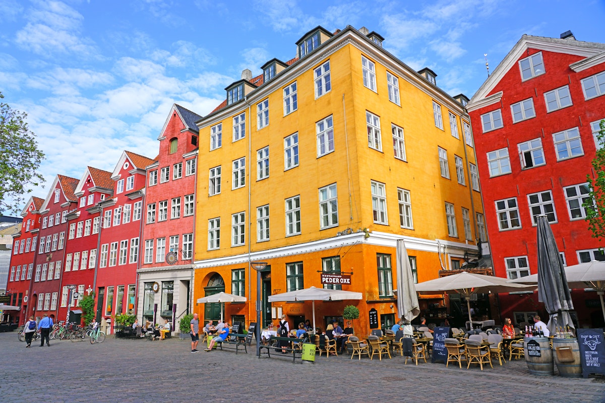 Colorful buildings lining the Grabrodretorv Square in Copenhagen, Denmark.