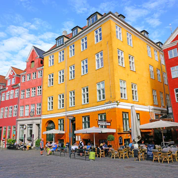 Colorful buildings lining the Grabrodretorv Square in Copenhagen, Denmark.