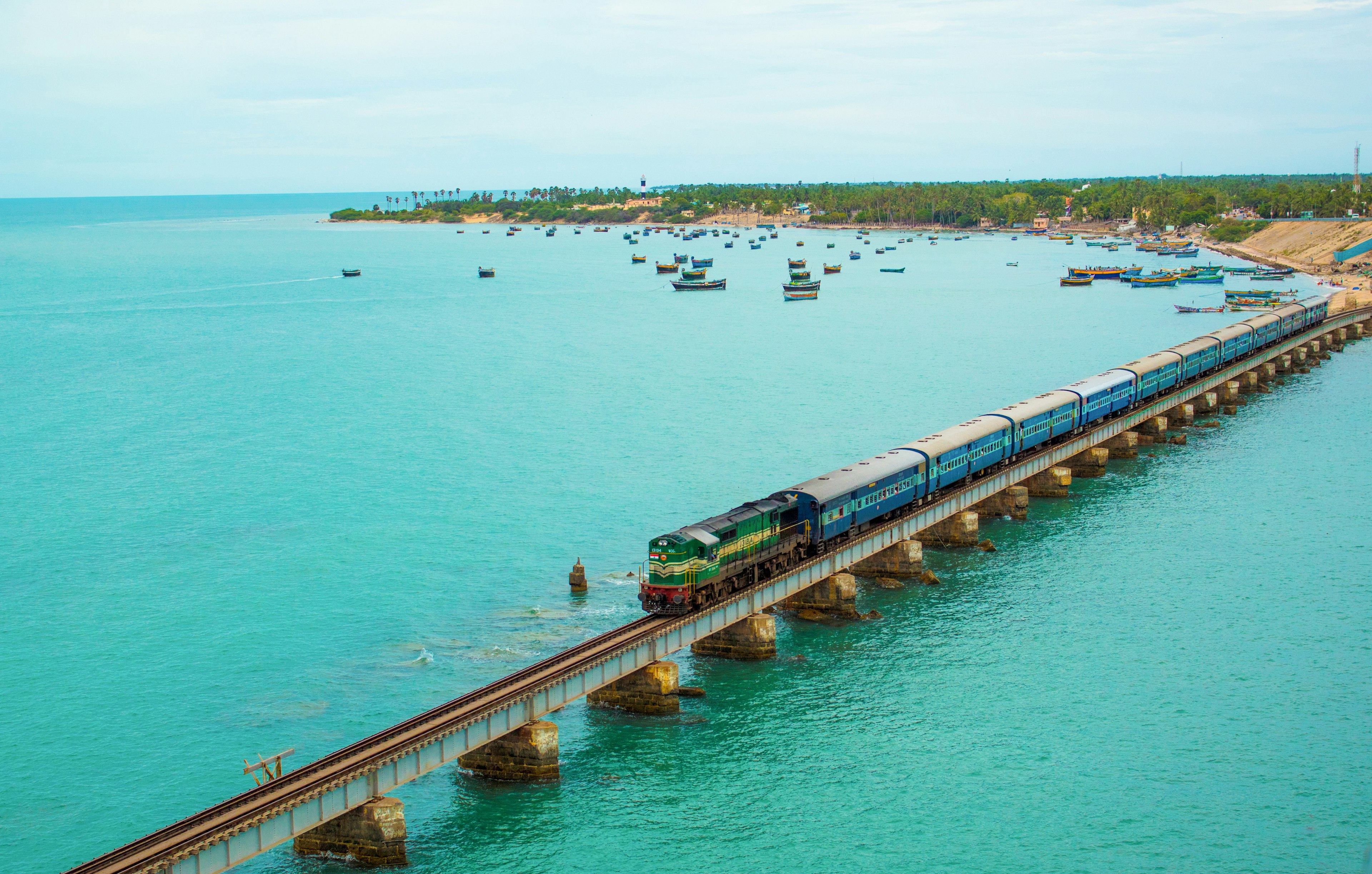 A train on Pamban Bridge, which connects the towns of Rameswaram on Pamban Island to mainland India