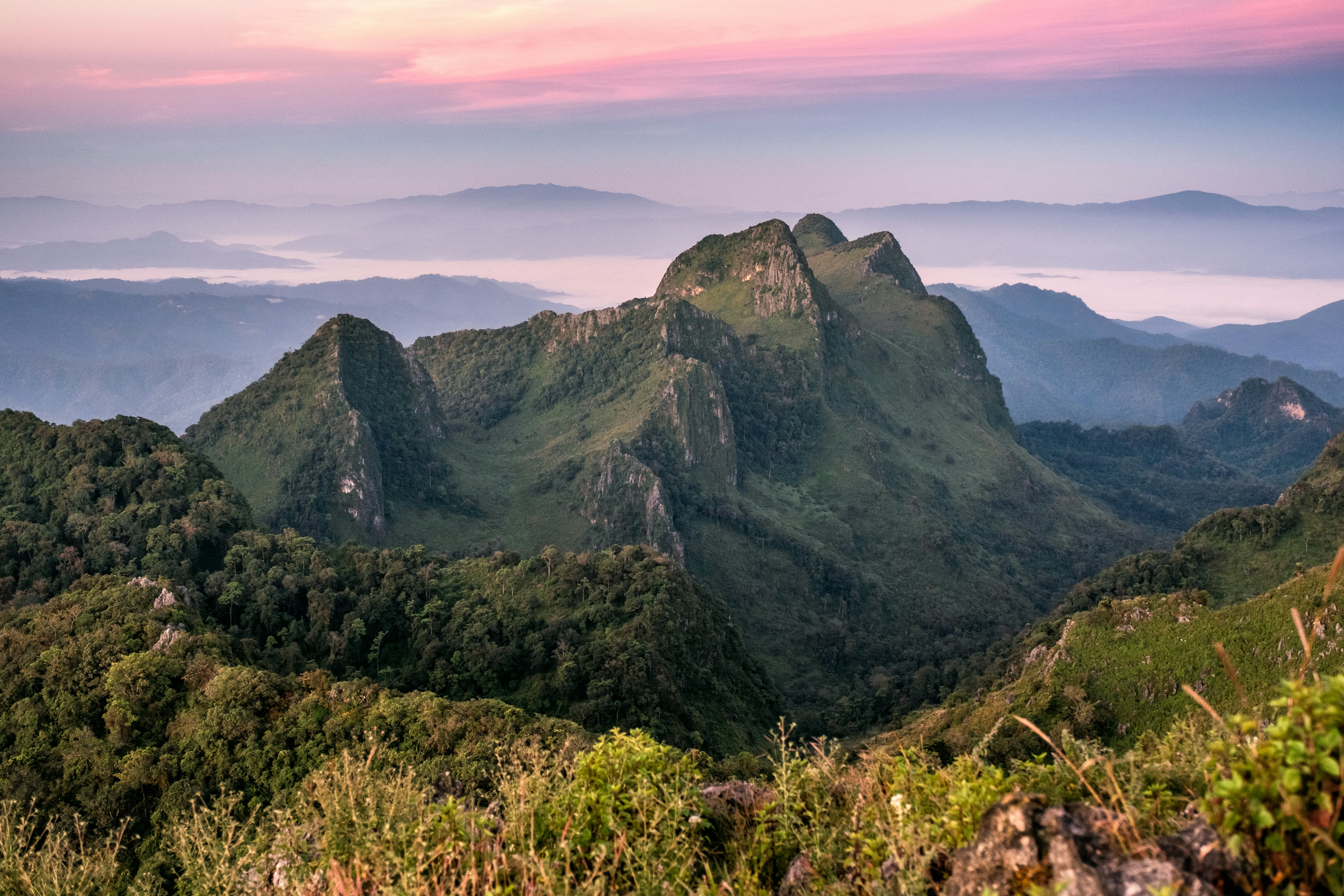 Peak mountain range at sunset in Doi Luang Chiang Dao wildlife sanctuary.