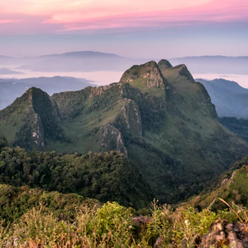 Peak mountain range at sunset in Doi Luang Chiang Dao wildlife sanctuary.