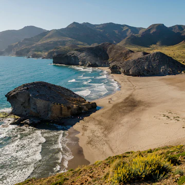 Aerial view of Mosul beach at Cabo de Gata-Nijar Natural Park, Almeria, Andalusia, Spain.