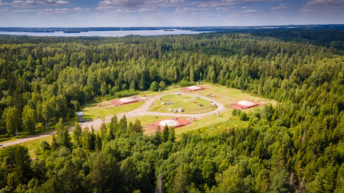 Aerial view of the Cold War museum made in Plosktines abandoned missile base near Plateliai lake in Lithuania.