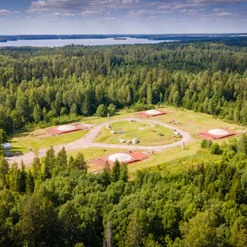 Aerial view of the Cold War museum made in Plosktines abandoned missile base near Plateliai lake in Lithuania.