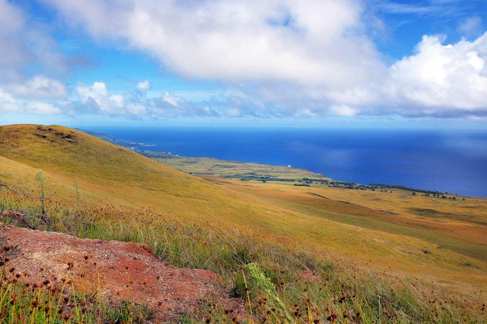 Panoramic view from the slopes of the Terevaka Volcano on Easter Island.