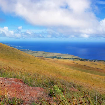 Panoramic view from the slopes of the Terevaka Volcano on Easter Island.