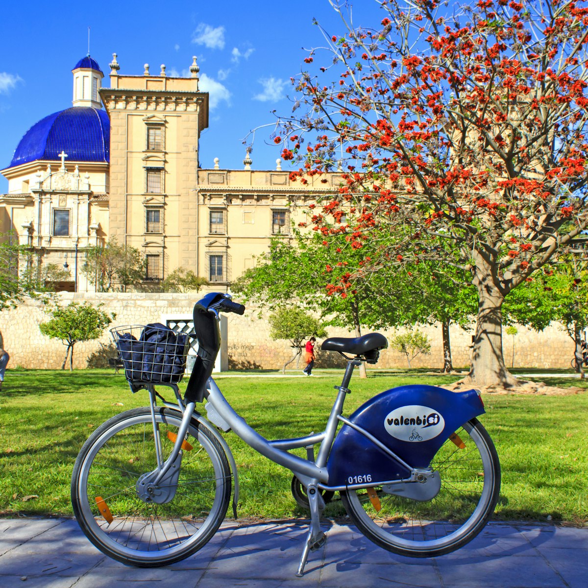 Valencia free rental city bicycle "Valenbisi" in front of the Museum of fine arts  in Valencia, Spain
