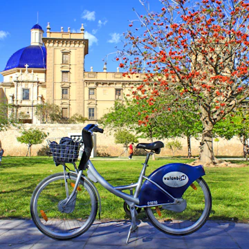 Valencia free rental city bicycle "Valenbisi" in front of the Museum of fine arts in Valencia, Spain