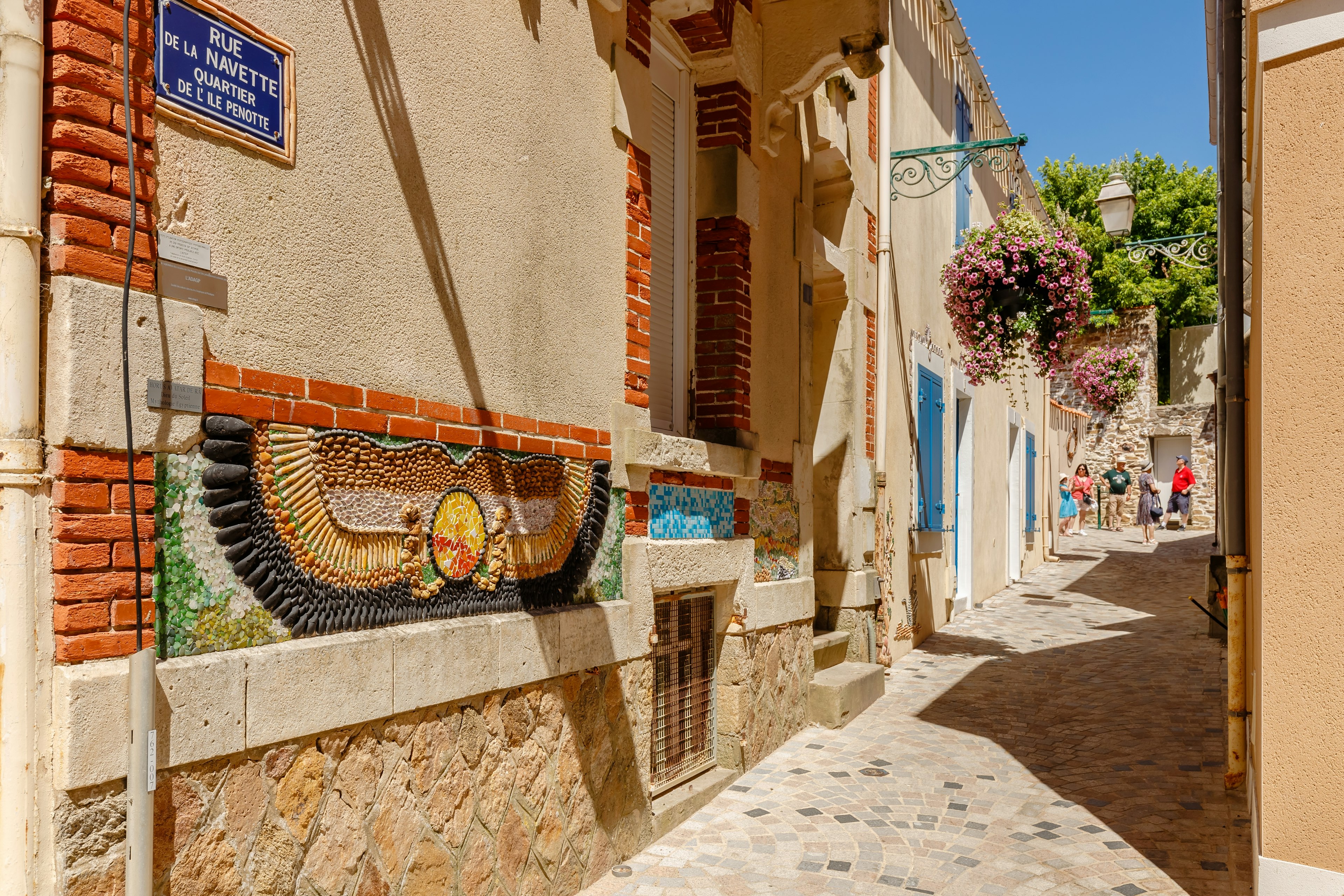 Architecture detail of the L Ile Penotte district where the houses are decorated with mosaics made of multicolored seashells