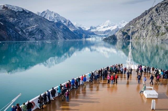GLACIER BAY - ALASKA SEPTEMBER 11, 2016: Cruise ship passengers get a close-up view of the majestic glaciers as they sail in Glacier Bay National Park and Preserve in Southeast Alaska.
485070769