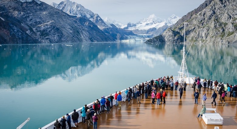 GLACIER BAY - ALASKA SEPTEMBER 11, 2016: Cruise ship passengers get a close-up view of the majestic glaciers as they sail in Glacier Bay National Park and Preserve in Southeast Alaska.
485070769