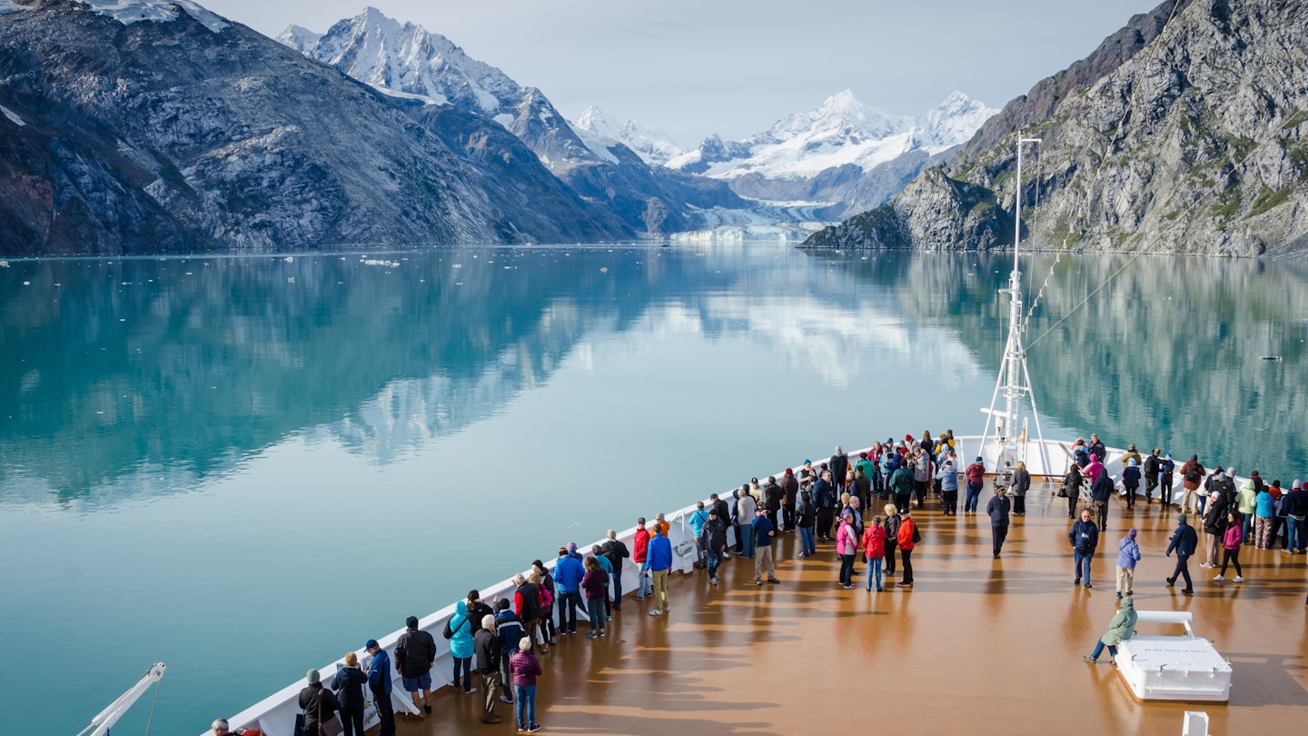GLACIER BAY - ALASKA SEPTEMBER 11, 2016: Cruise ship passengers get a close-up view of the majestic glaciers as they sail in Glacier Bay National Park and Preserve in Southeast Alaska.
485070769