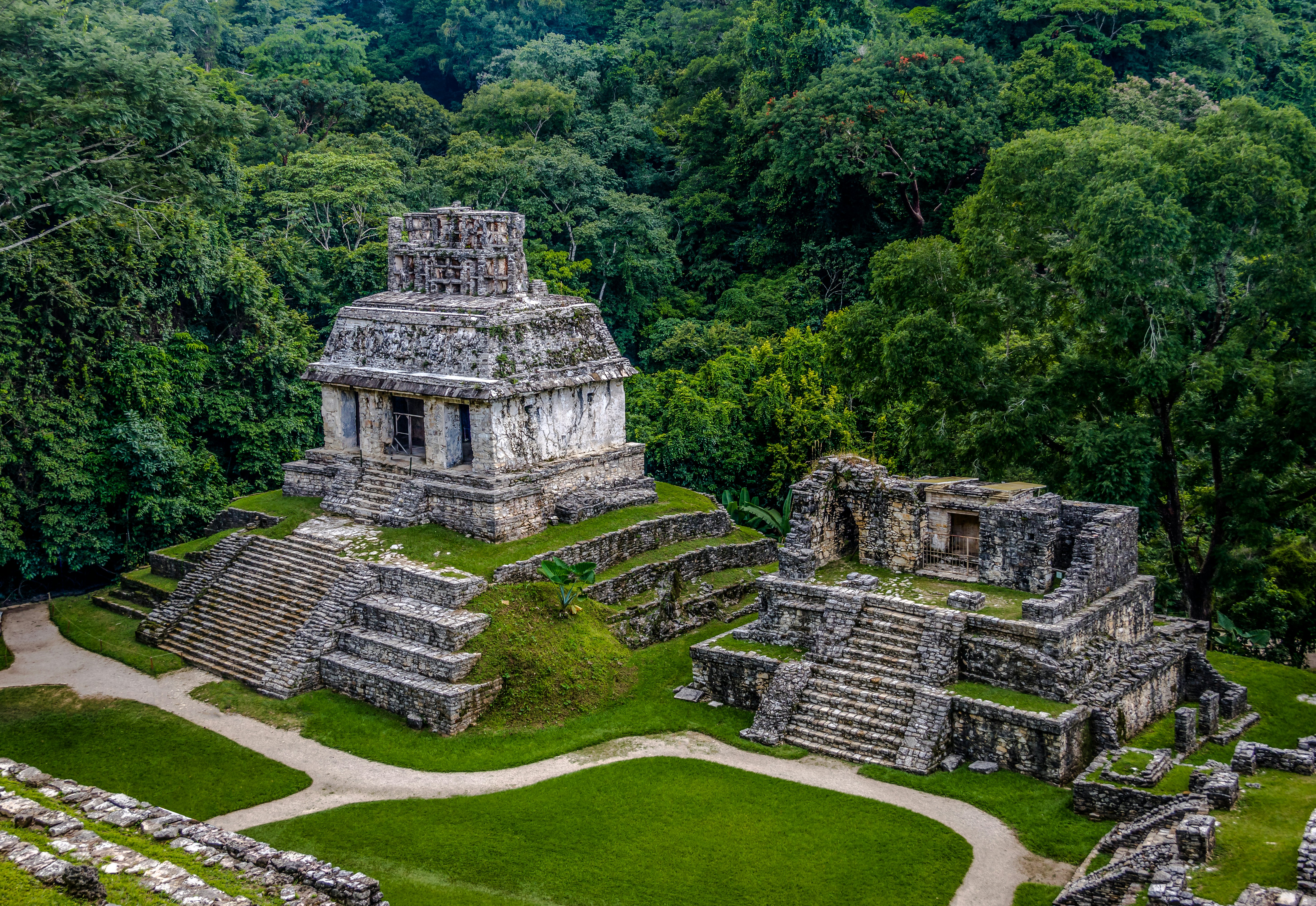 Temples of the Cross Group at the Mayan ruins of Palenque.