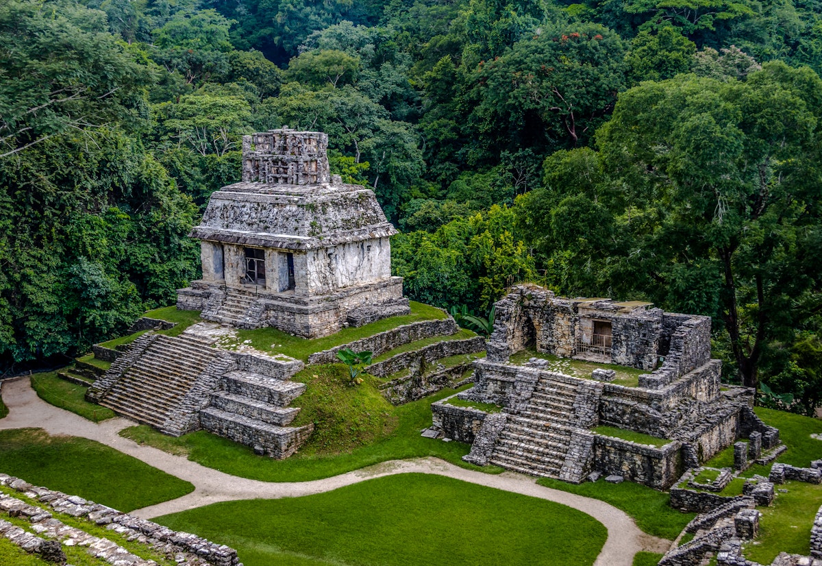 Temples of the Cross Group at the Mayan ruins of Palenque.