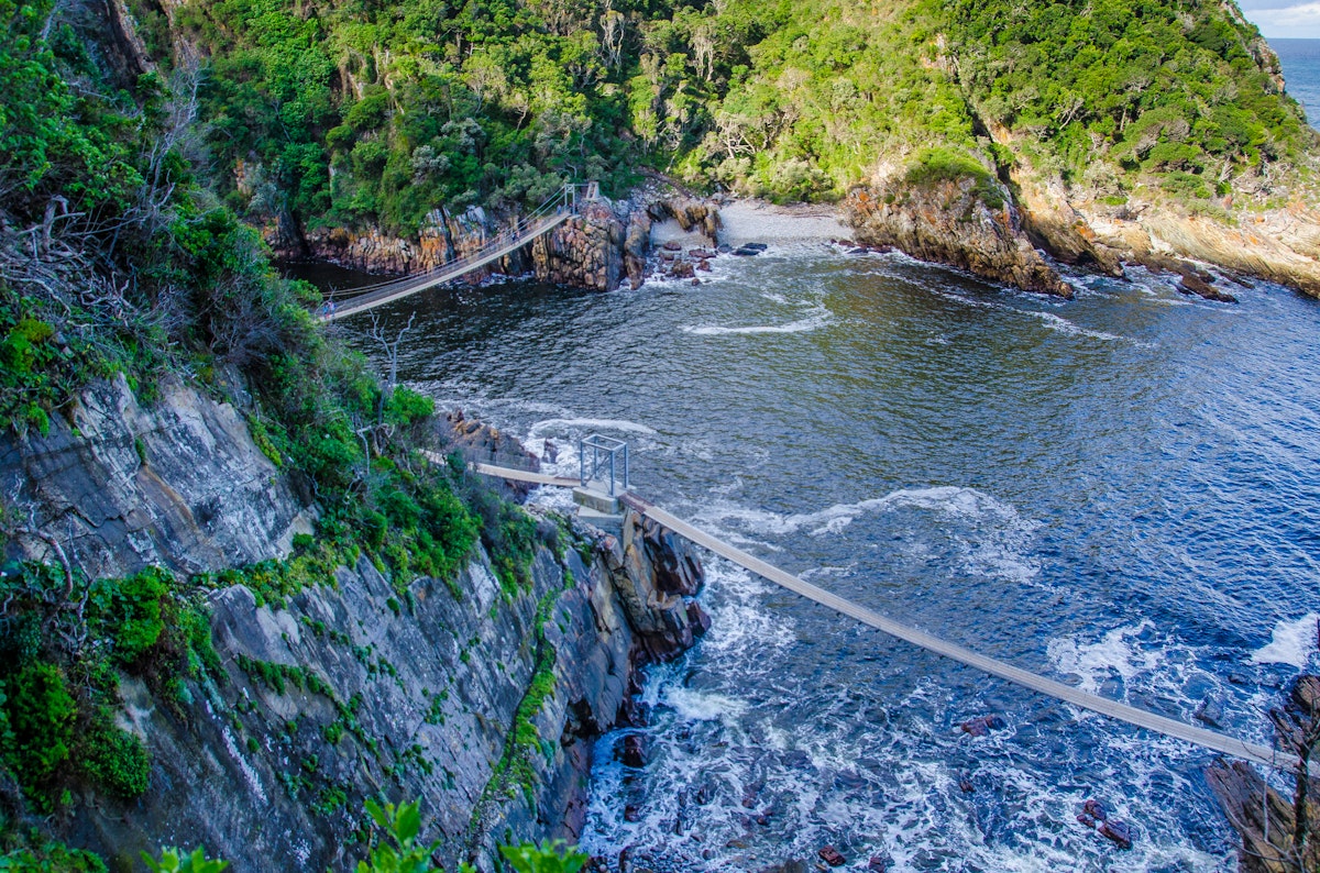 Hanging bridges above the sea in the Tsitsikamma section of the Garden Route National Park, South Africa.