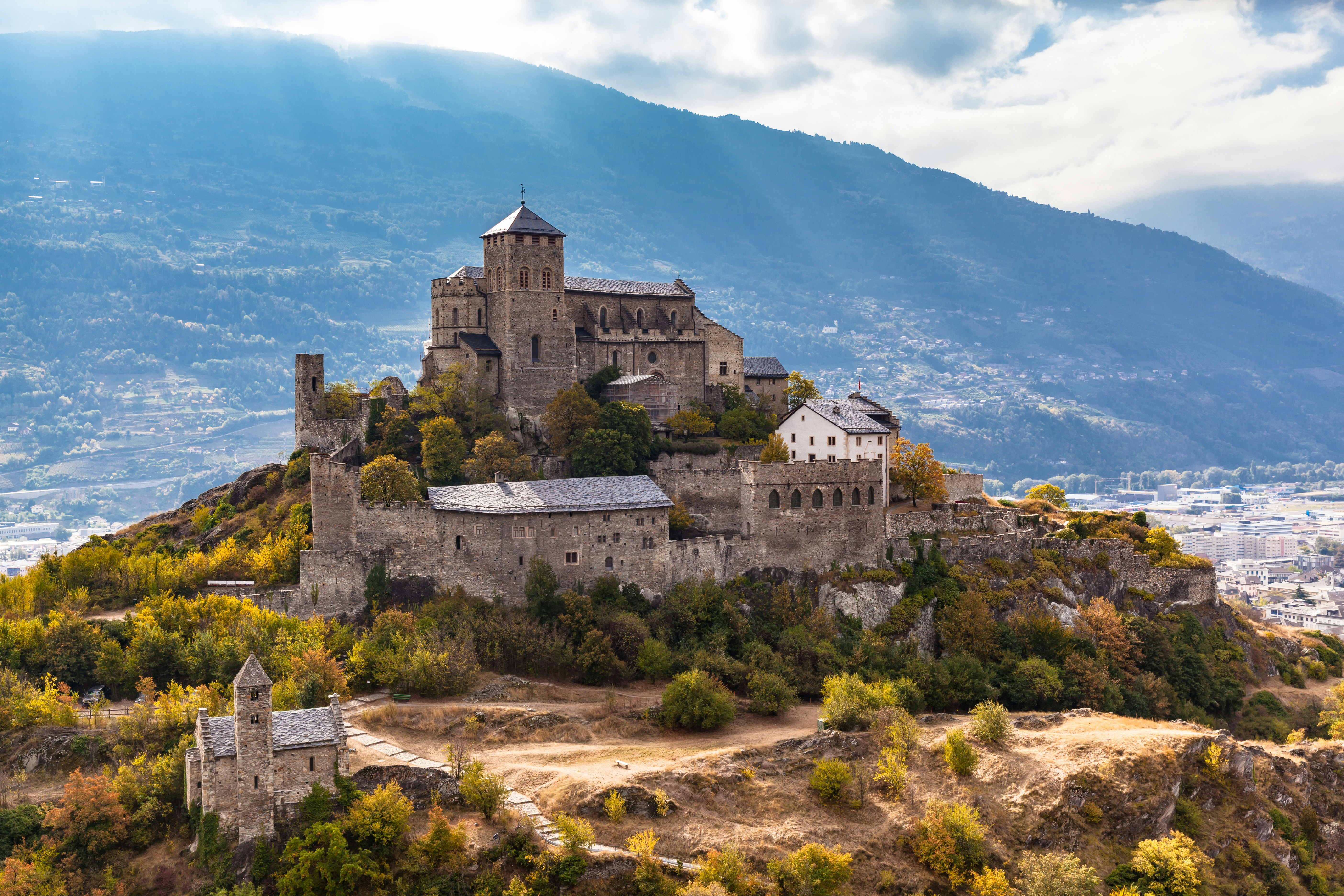 The Valere Basilica, an ancient fortified church in Sion, Canton of Valais, Switzerland.