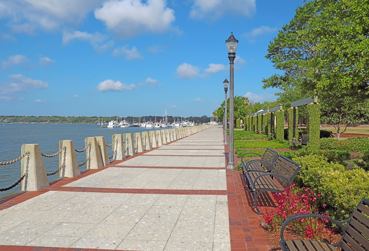 Promenade of the Henry C. Chambers Waterfront Park located south of Bay Street in the Historic District of downtown Beaufort, South Carolina.