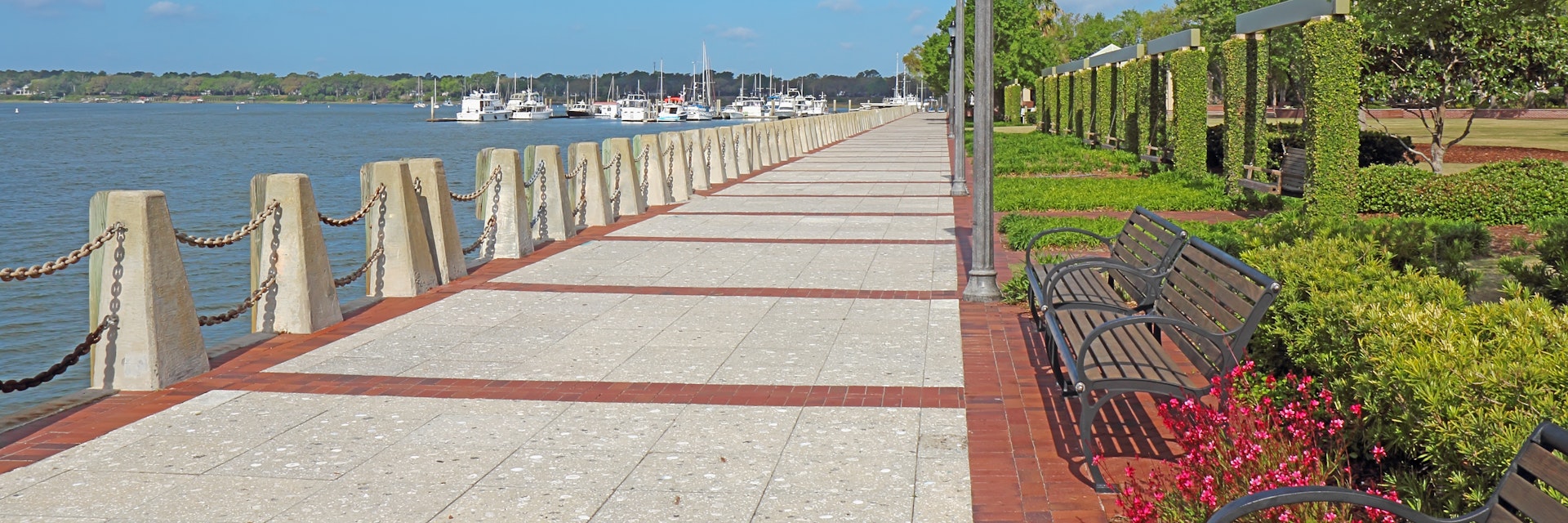 Promenade of the Henry C. Chambers Waterfront Park located south of Bay Street in the Historic District of downtown Beaufort, South Carolina.