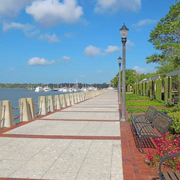 Promenade of the Henry C. Chambers Waterfront Park located south of Bay Street in the Historic District of downtown Beaufort, South Carolina.