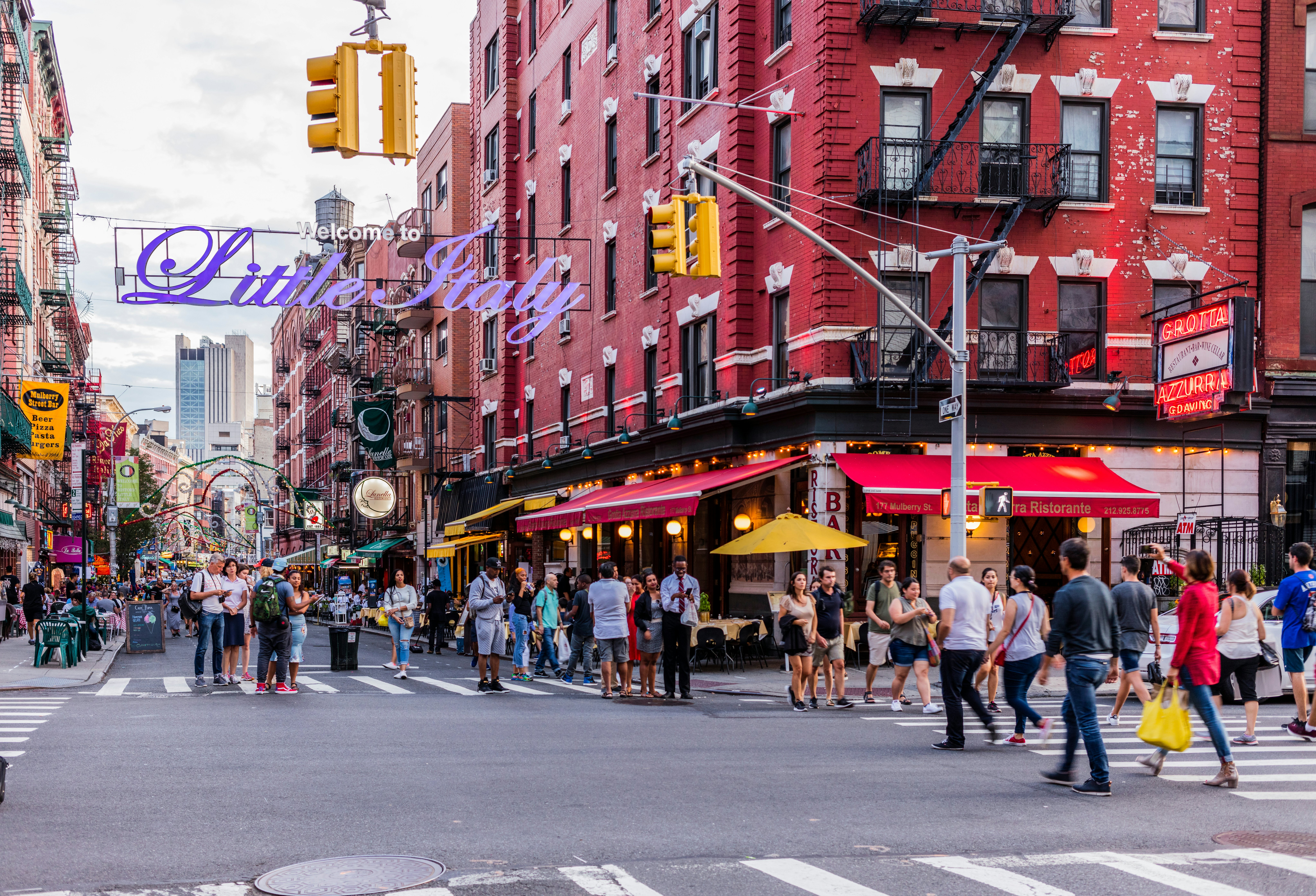 Looking down Mulberry Street at the corner of Mulberry and Broome Street in Manhattan.