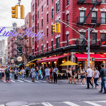 Looking down Mulberry Street at the corner of Mulberry and Broome Street in Manhattan.
