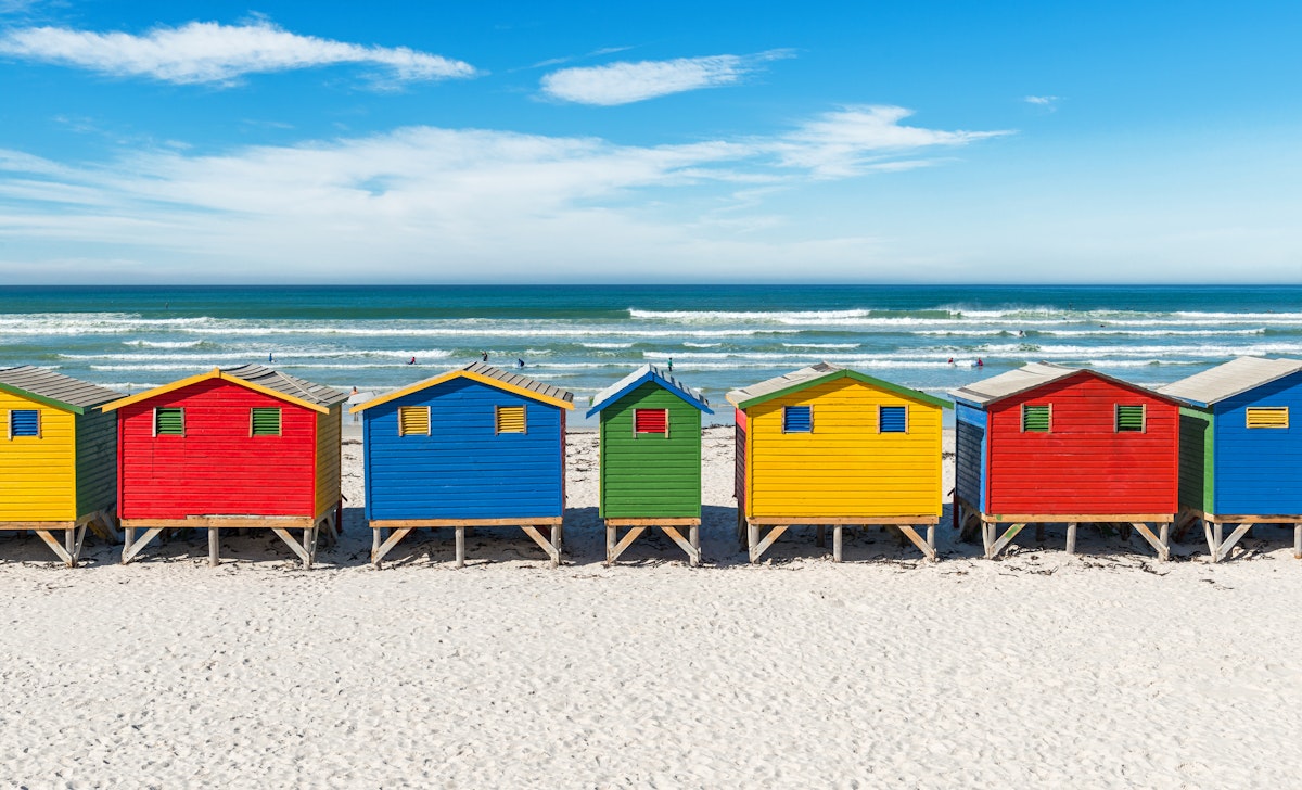The famous beach of Muizenberg with its colorful beach huts.