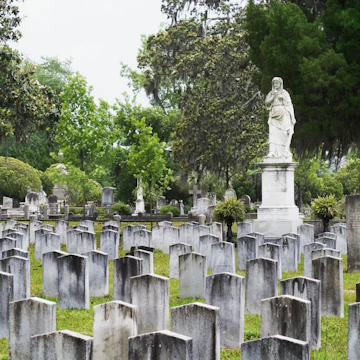 The Silence monument watches over 750 confederate graves in the Laurel Grove North Cemetery.