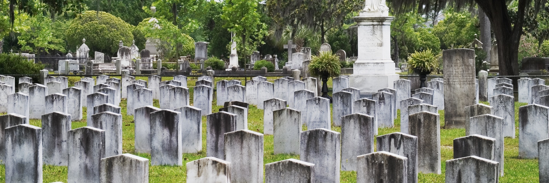 The Silence monument watches over 750 confederate graves in the Laurel Grove North Cemetery.