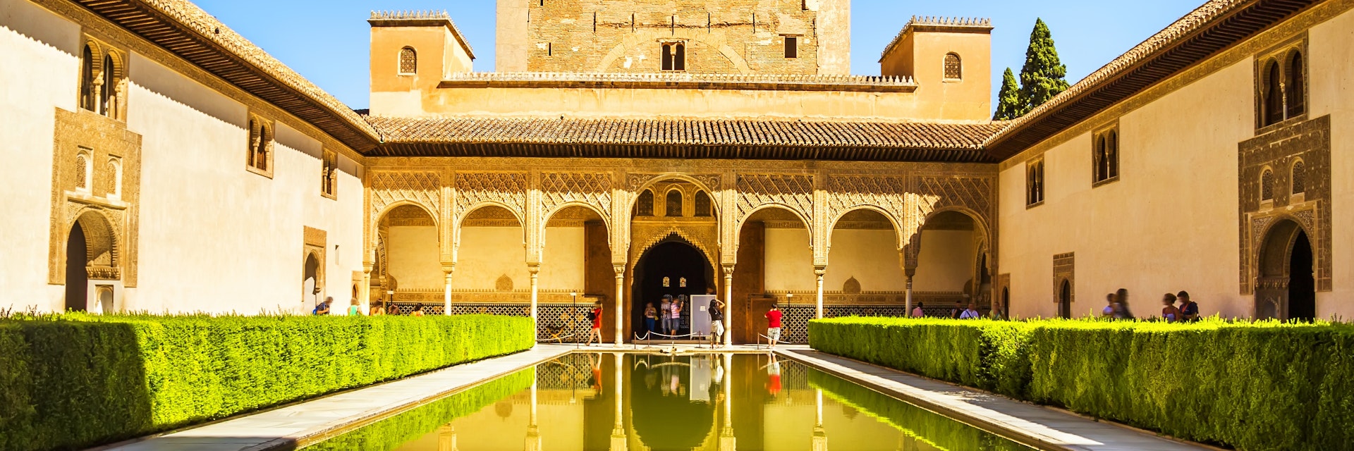 Courtyard of the Myrtles (Patio de los Arrayanes) in La Alhambra, Granada, Spain.
