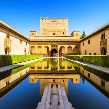 Courtyard of the Myrtles (Patio de los Arrayanes) in La Alhambra, Granada, Spain.