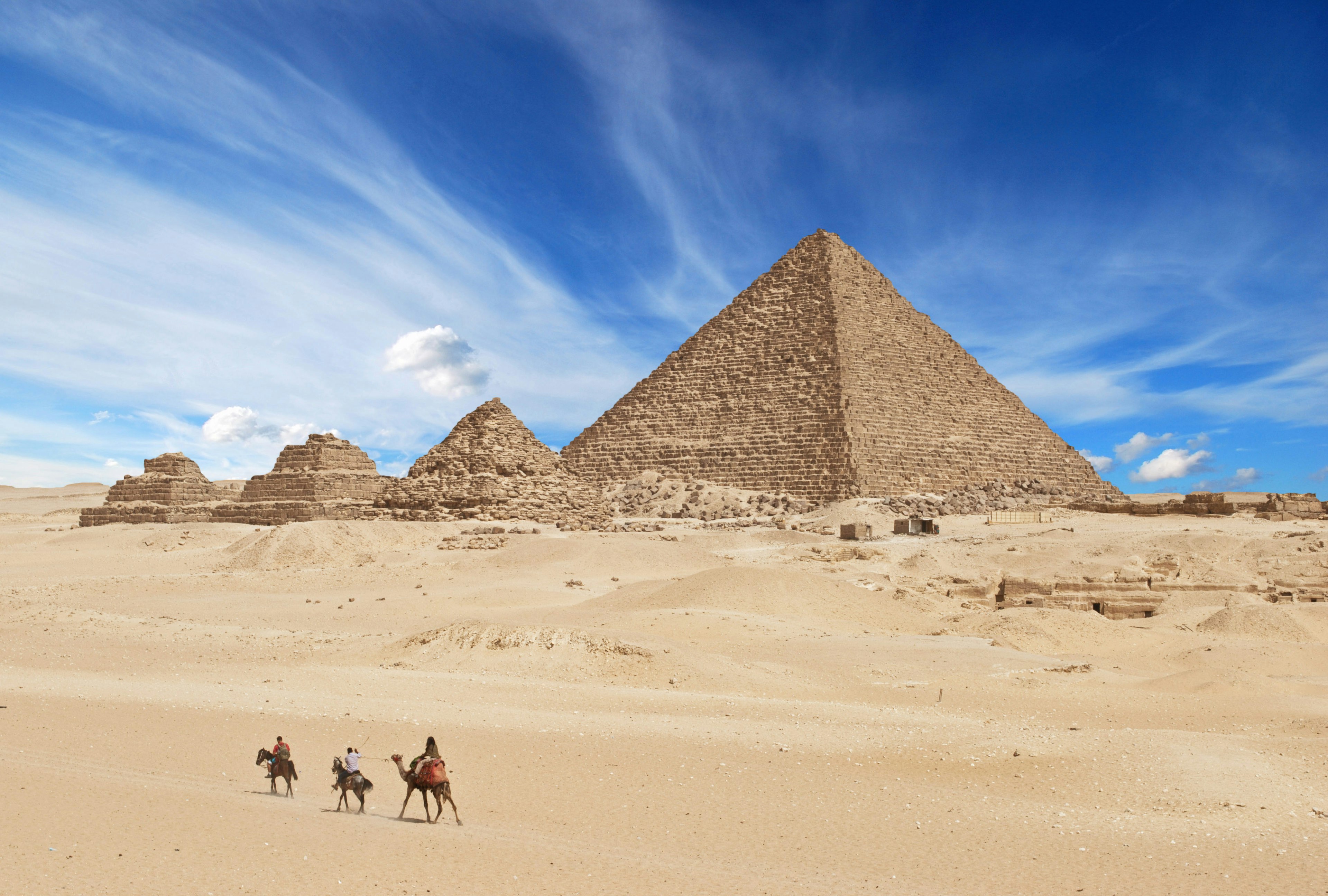 Camels in the foreground of the Pyramids in Giza