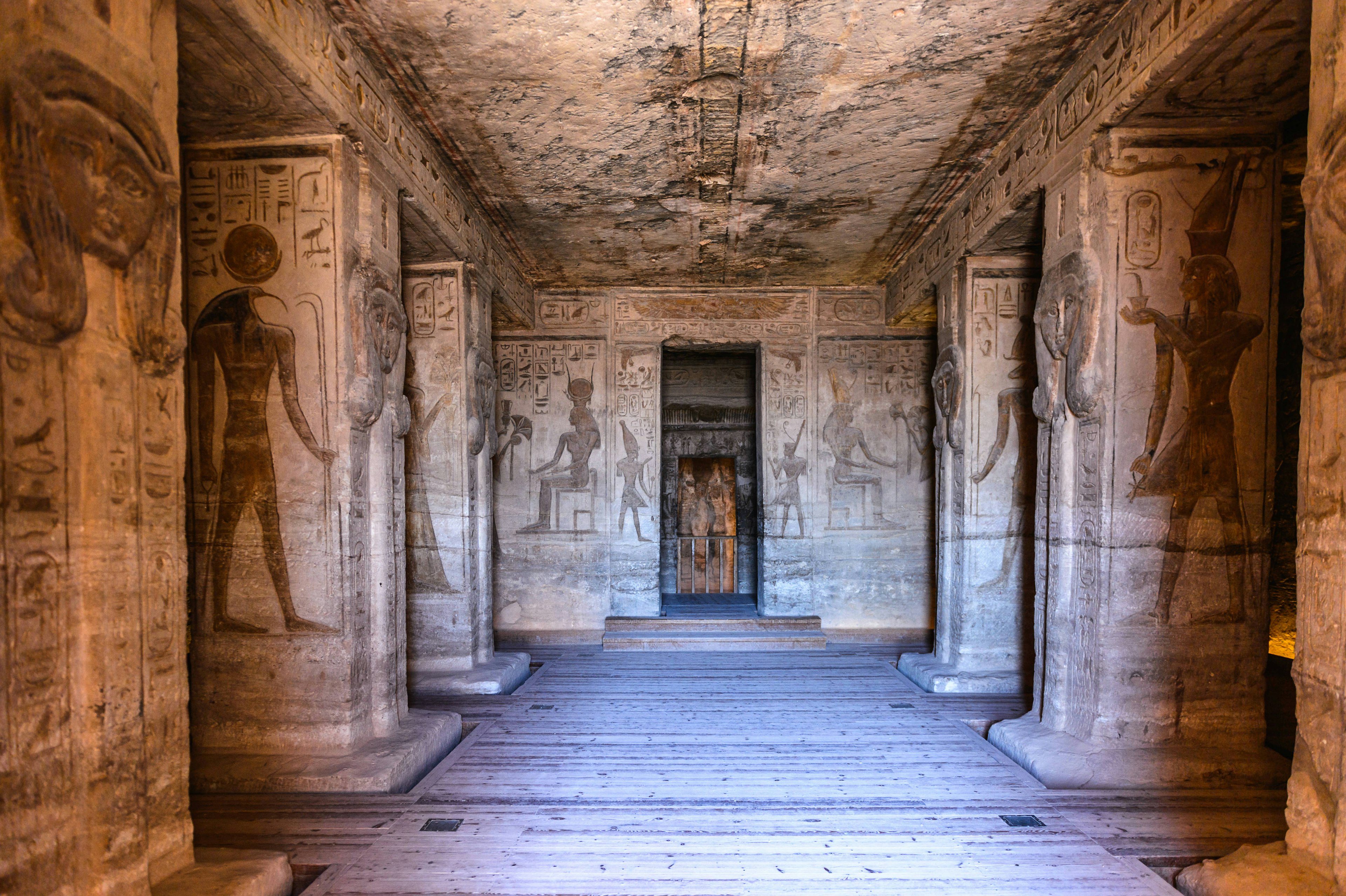 Interior of The Great Temple of Ramesses II on the sunrise, Abu Simbel, Egypt.