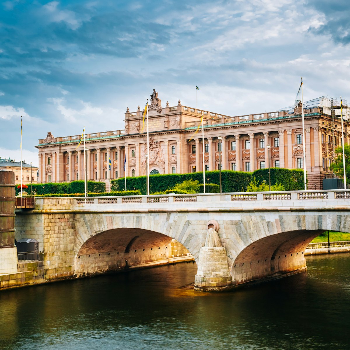Riksdag Parliament Building and Norrbro Bridge in Stockholm, Sweden.