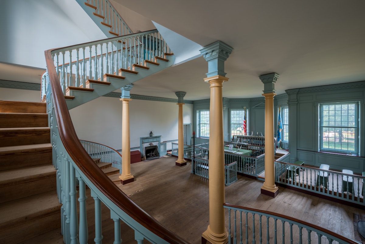 Staircase leading down to the courtroom of the Old State House on The Green in Dover, Delaware.