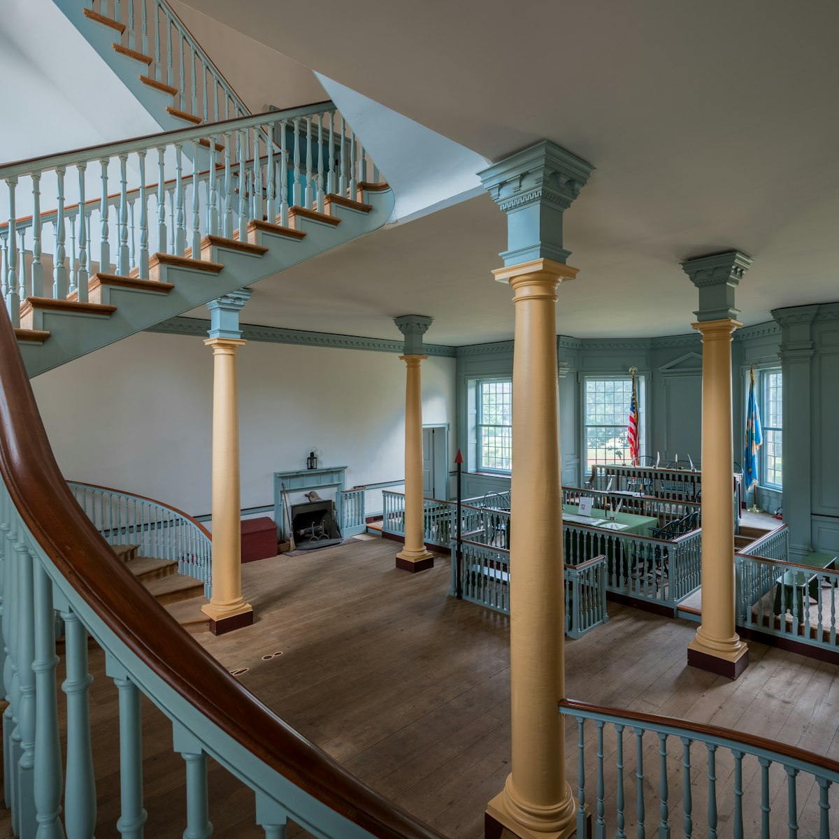 Staircase leading down to the courtroom of the Old State House on The Green in Dover, Delaware.