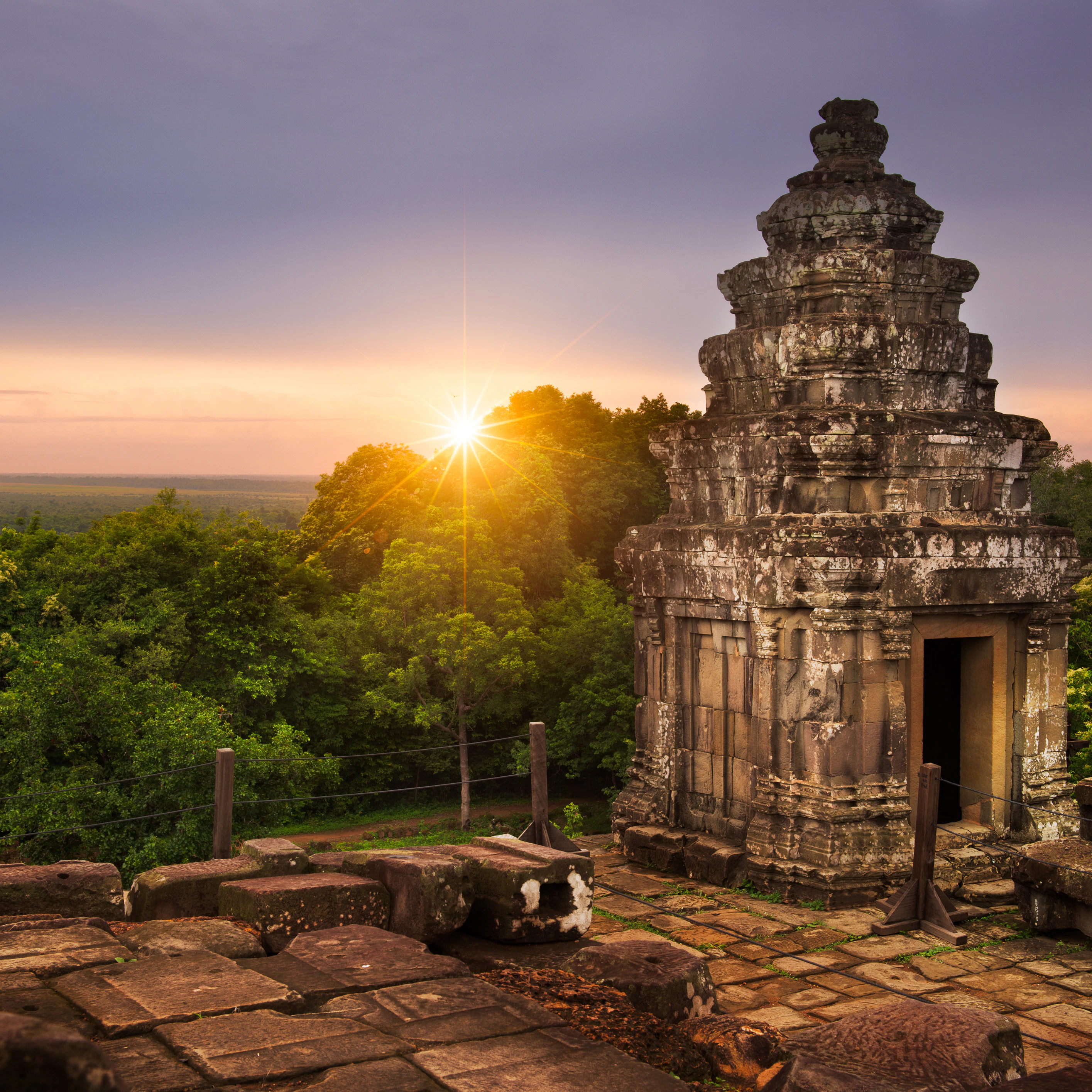 The sun setting over the Cambodian countryside from the summit of Phnom Bakheng.
