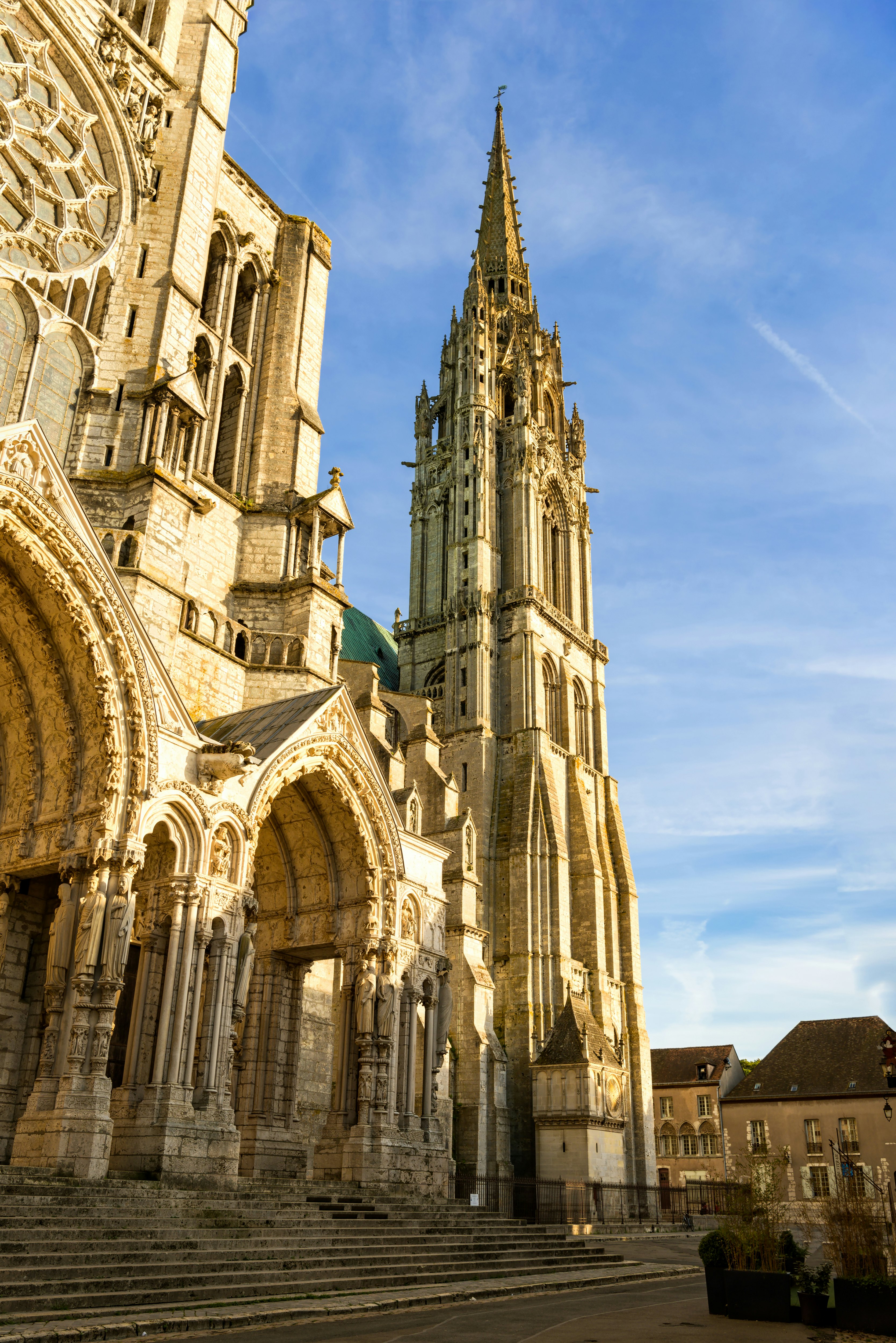 View to the North tower of Chartres Cathedral.