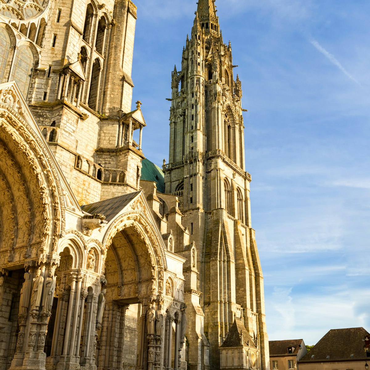 View to the North tower of Chartres Cathedral.