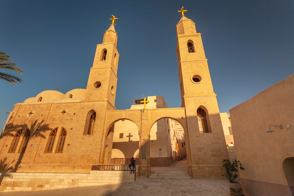 Bell towers of Saint Anthony church, Eastern Desert, Egypt.