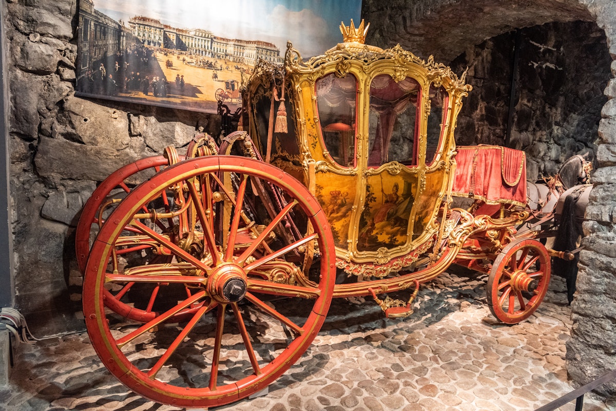 Historic carriage on display at the Royal Armoury in Stockholm.
