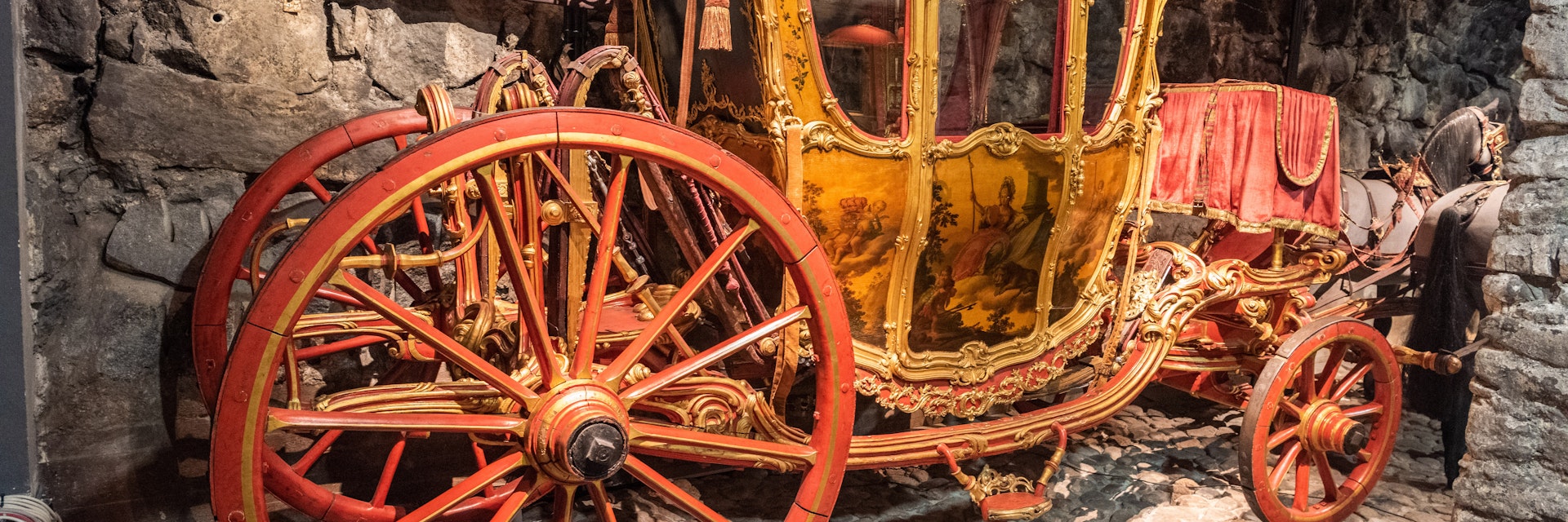 Historic carriage on display at the Royal Armoury in Stockholm.