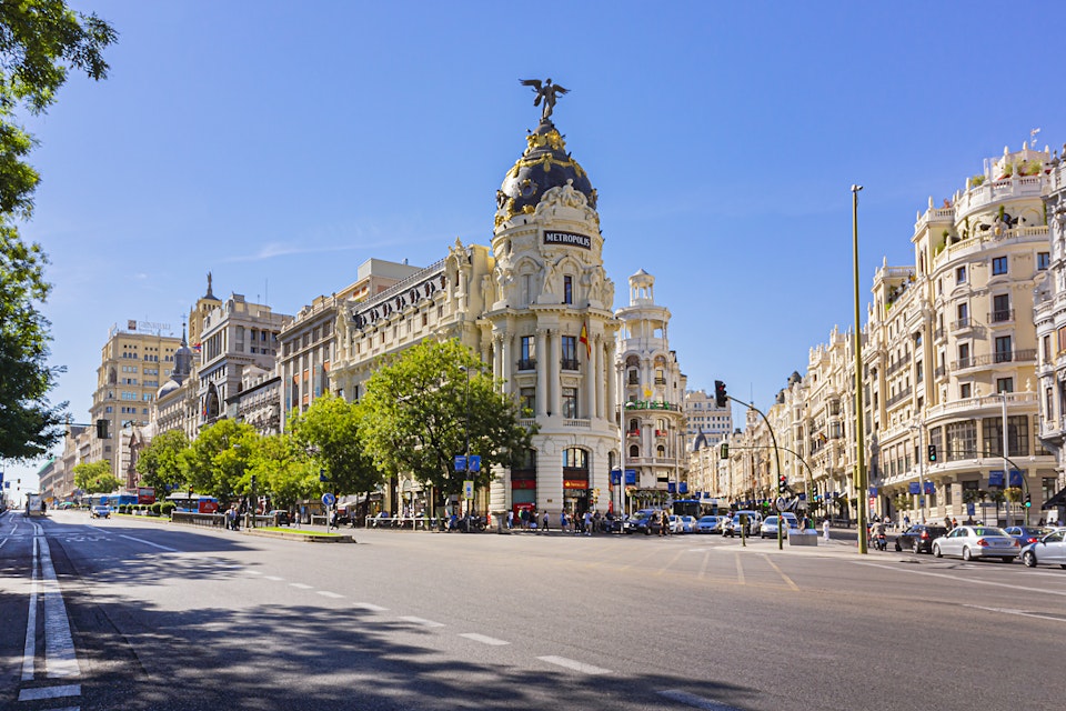 The Metropolis Building on the corner of Calle de Alcala and Gran Via in Madrid.