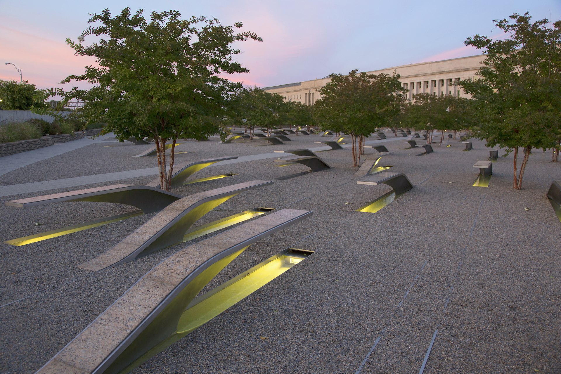 The Pentagon Memorial features 184 empty benches at sunset, a Memorial to commemorate the anniversary of the September 11, 2011 attacks, in Arlington VA