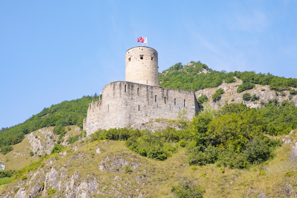 The medieval Château de la Bâtiaz in Martigny, Valais, Switzerland.