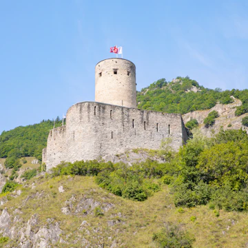 The medieval Château de la Bâtiaz in Martigny, Valais, Switzerland.