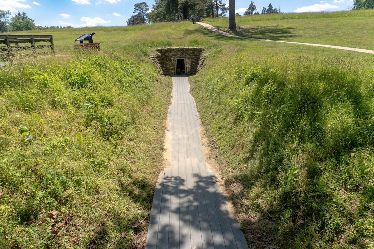 A recreated mine entrance at Petersburg National Battlefield.
